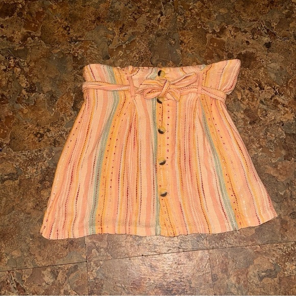 Altar'd State Soft Peach Tie Paperbag Skirt Button Fly Striped Size Medium - Picture 2 of 7